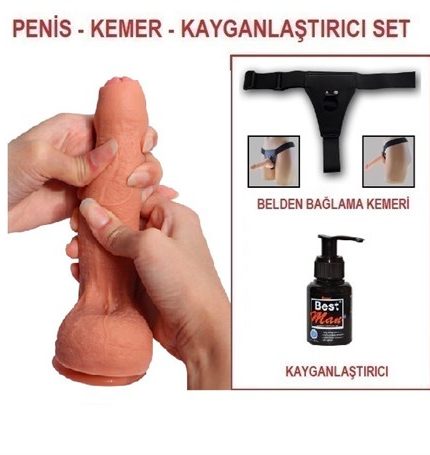 18 Cm Belden Bağlamalı Çift Katmanlı Sünnetsiz Realistik Dildo Penis Set