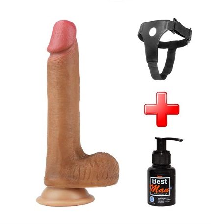 20,5 Cm Belden Bağlamalı Çift Katmanlı Melez Realistik Penis + Kemer + Kayganlaştırıcı Hediyeli