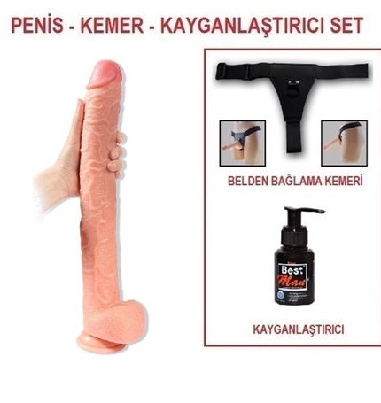 43 Cm Belden Bağlamalı Realistik Penis Gerçekçi Damarlı Dev Dildo Set