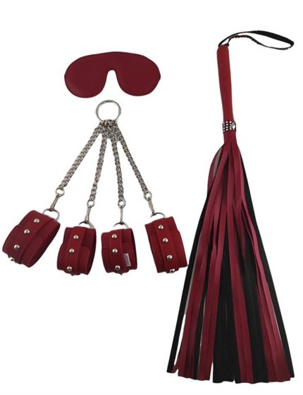 Kırmızı Fetish Fantezi Seti - 4'Lü Kelepçe Kırbaç Göz Bandı