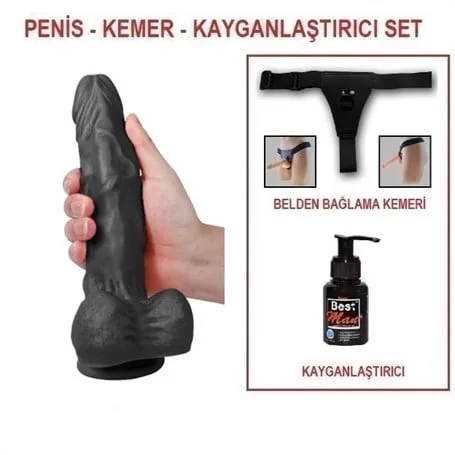 23,5 Cm Belden Bağlamalı Realistik Dildo Zenci Penis Set